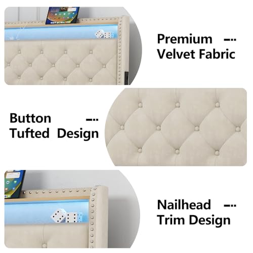 King Size Bed Frame with LED lights & USB Charging Station, Velvet Upholstered Platform Bed with Storage Headboard and 4 Drawers, No Box Spring Needed, Easy Assembly, Beige