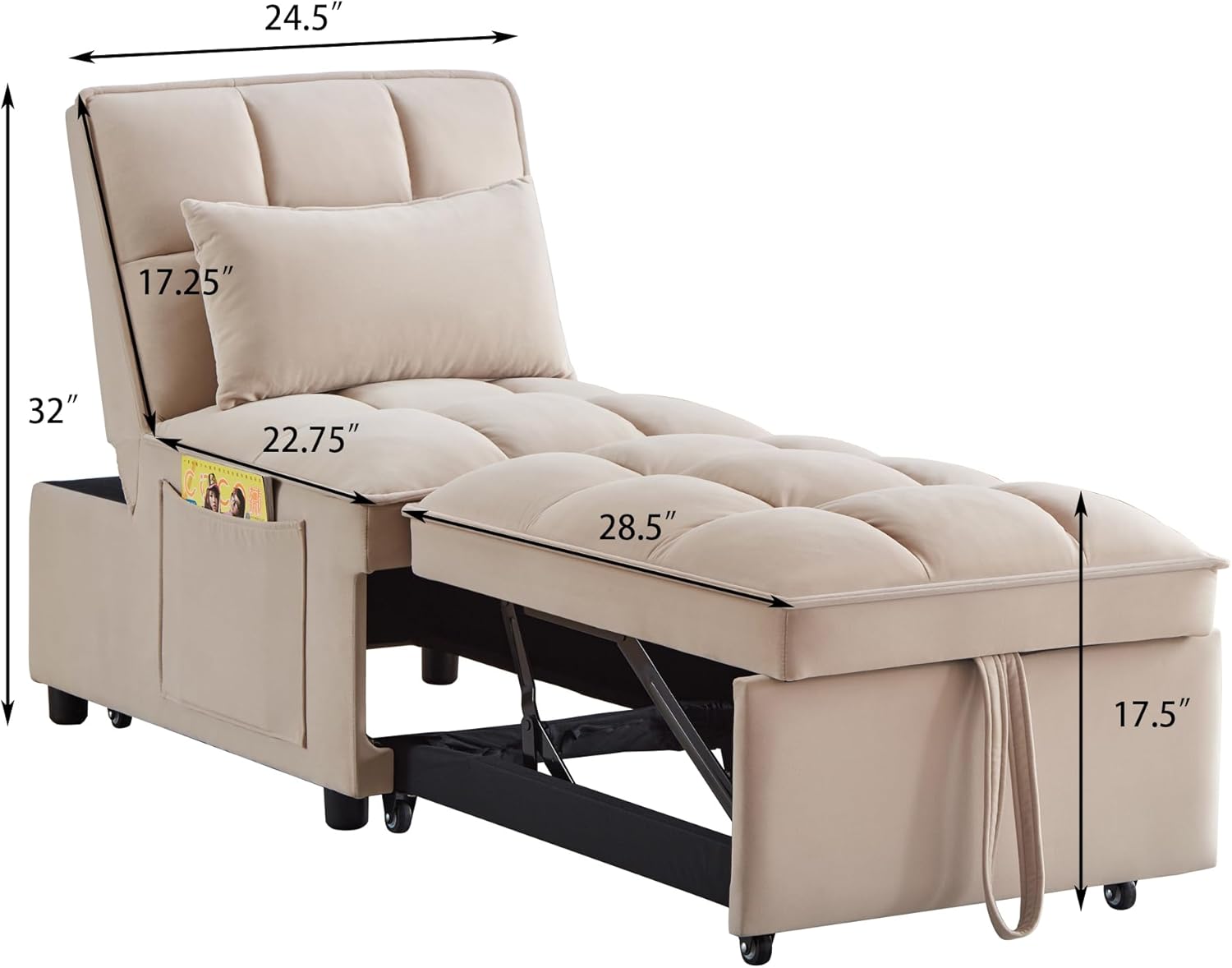 Convertible Sofa Bed, Multifunctional Sleeper Chair Bed, Convertible Reading Chair, 3 in 1 Folding Single Sofa Bed for Adults, Suitable for Living Room, Bedroom, Small Room (Gray)