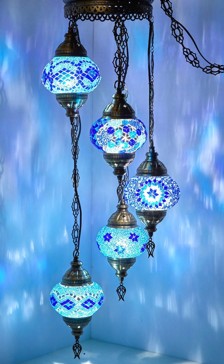 DEMMEX PLUGIN 5 Globes Chandelier Light Turkish Moroccan Mosaic Ceiling Hanging Pendant Light Fixture Chandelier Lighting (PlugIn with 15feet Cord,Chain&Plug)