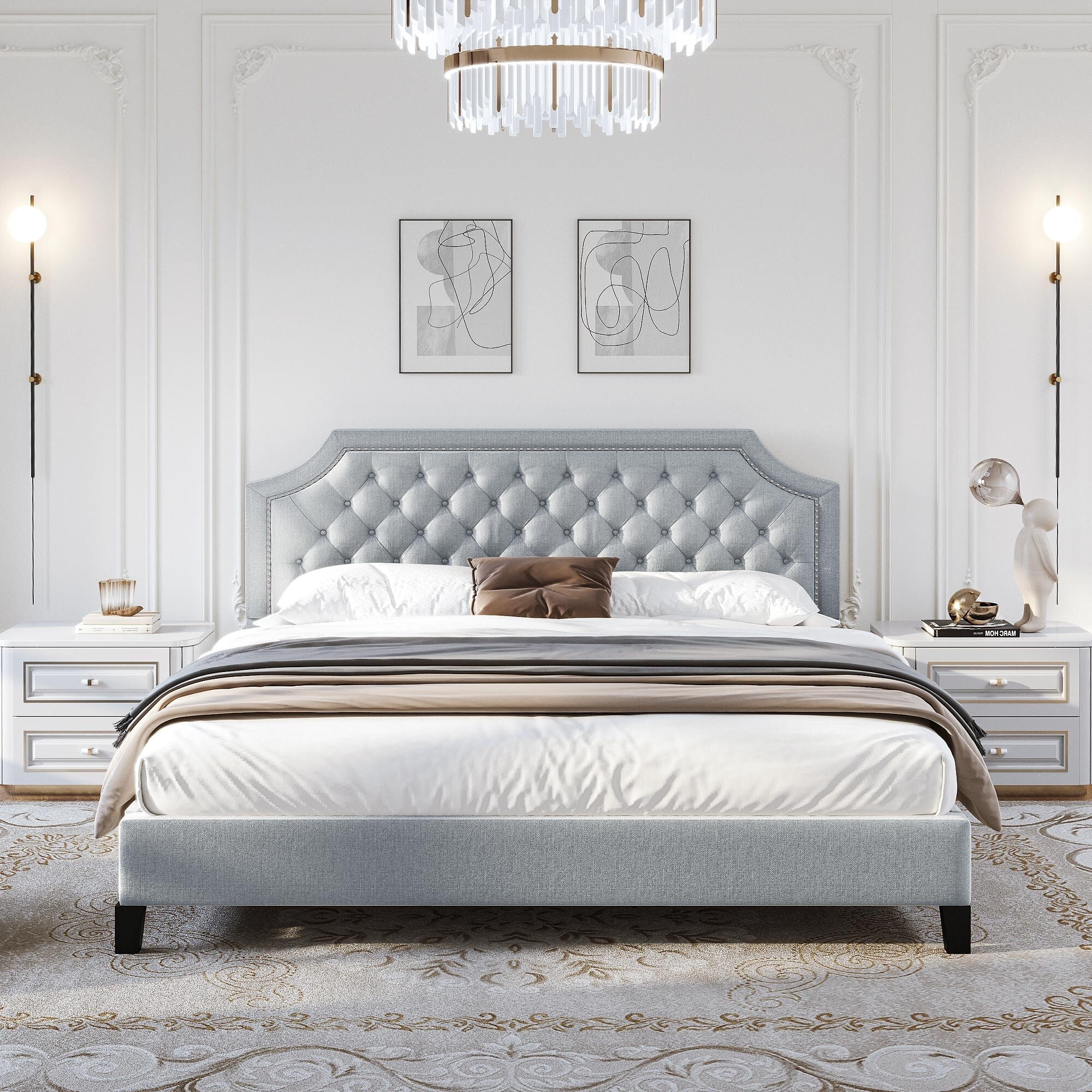 WedealFu Inc Moasis Upholstered Tufted Bed Frame with Adjustable Height Headboard (Full/Queen/King) Grey - Full