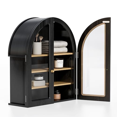Large Arched Wall Cabinet, Bathroom Medicine Wall Mounted Cupboard, Modern Floating Storage Cabinet with Acrylic Door Adjustable Shelf, Wood Organizer (Natural Oak)