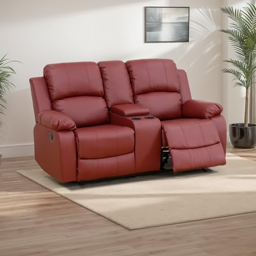 Recliner Loveseat, Leather Couch Living Room 2-Seat Sofa Chair with Storage Box and Cup Holders for Apartment, Home, Office (Red)