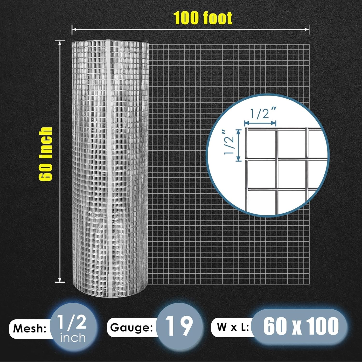 Hardware Cloth 60 inches x 100 Foot with 1/2 inch Mesh 19 Gauge - Chicken Wire Fencing Galvanized Wire Mesh Roll Gopher Wire Raised Garden Bed Rabbit Wire