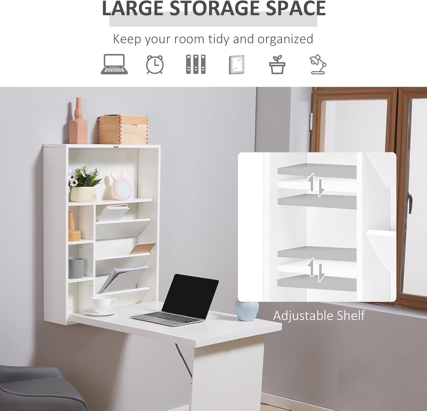 Wall Mounted Fold Out Convertible Desk, Multi-Function Floating Desk with Storage Shelf for Home Office, White