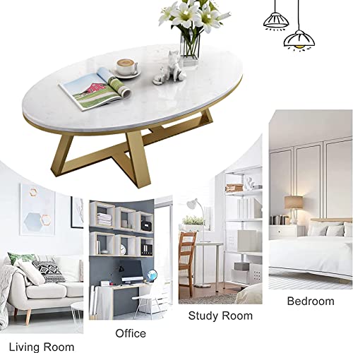 Marble Coffee Table - Oval Sintered Stone Top with Marble Texture | Stylish White Center Table for Living Room | Stable Metal Frame | Ideal for Small Spaces Home Office | 31in 35in