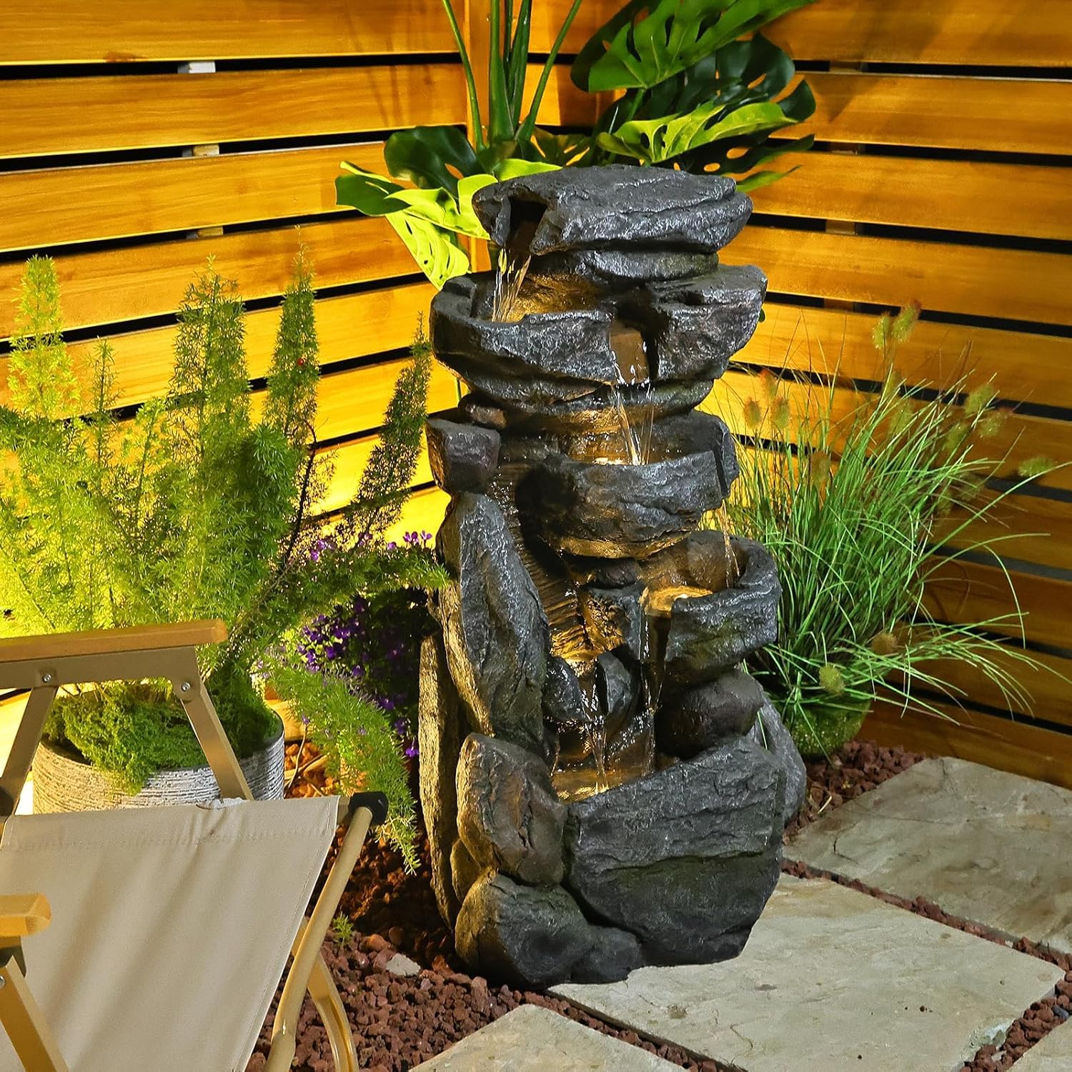 5-Tiered Rock Water Fountain Outdoor Garden - 31.5”Waterfall Fountain Outdoor Water Fountain with Light Cascading Waterfall for Patio,Garden,Grey,Resin Fountain