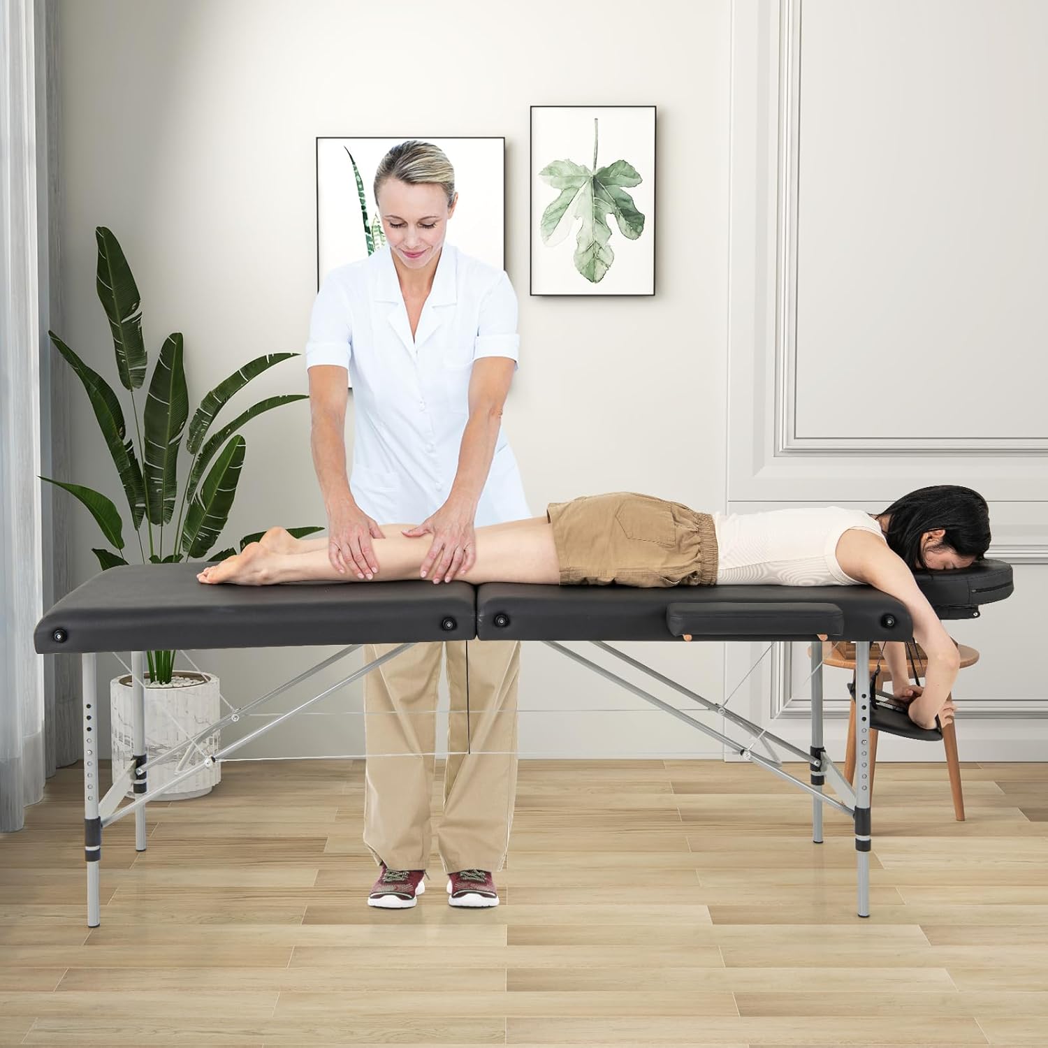 Giantex Massage Table, Portable Massage Bed with Carrying Bag, 2 Fold Salon Spa Tattoo Bed, Height Adjustable, Sturdy Aluminum Frame, Professional Massage Lash Bed Esthetician Bed, Black