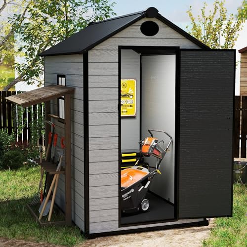 7.3 x 12 FT Shed Resin Outdoor Storage with Floor, 566 cuft Plastic Shed with Window and Lockable Door for Garden, Backyard, with Wood Texture, Grey