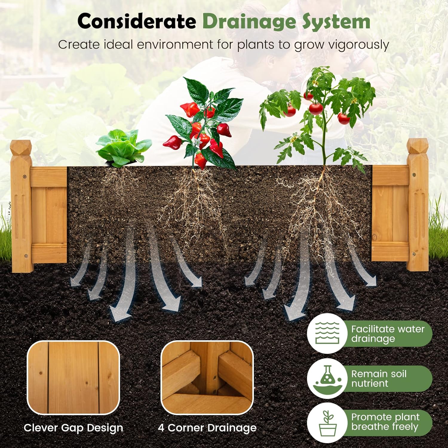 Giantex 2 Pcs Raised Garden Bed, Wooden Planter w/Drainage Holes, Rectangular Plant Box for Vegetables Flowers Herbs Fruit Growing, Raised Container for Garden Patio Balcony, Easy Assembly