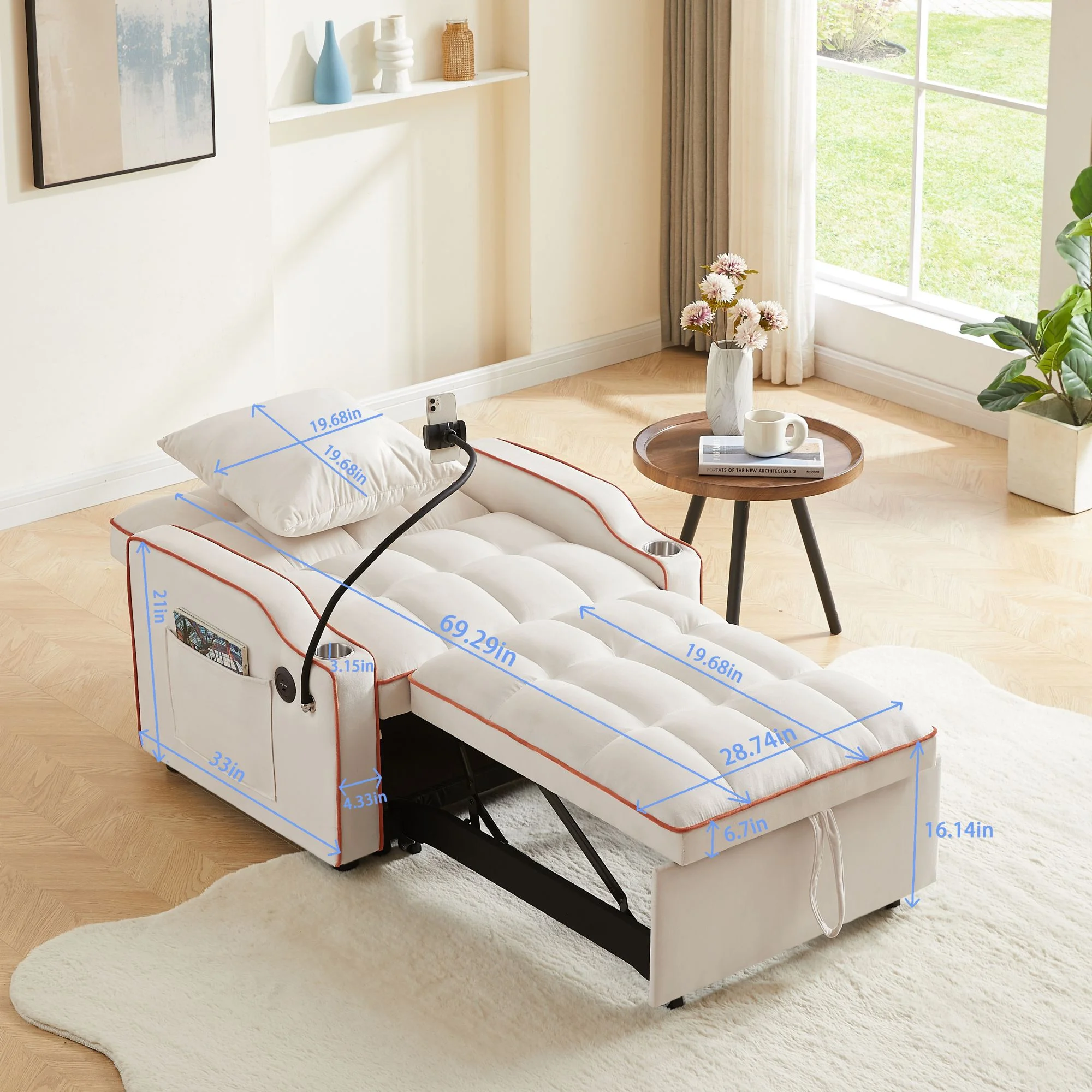 Aukfa Sleeper Chair Bed, Convertible Pull Out Sofa Bed with USB Port, Cup Holders and Swivel Phone Holder, Beige