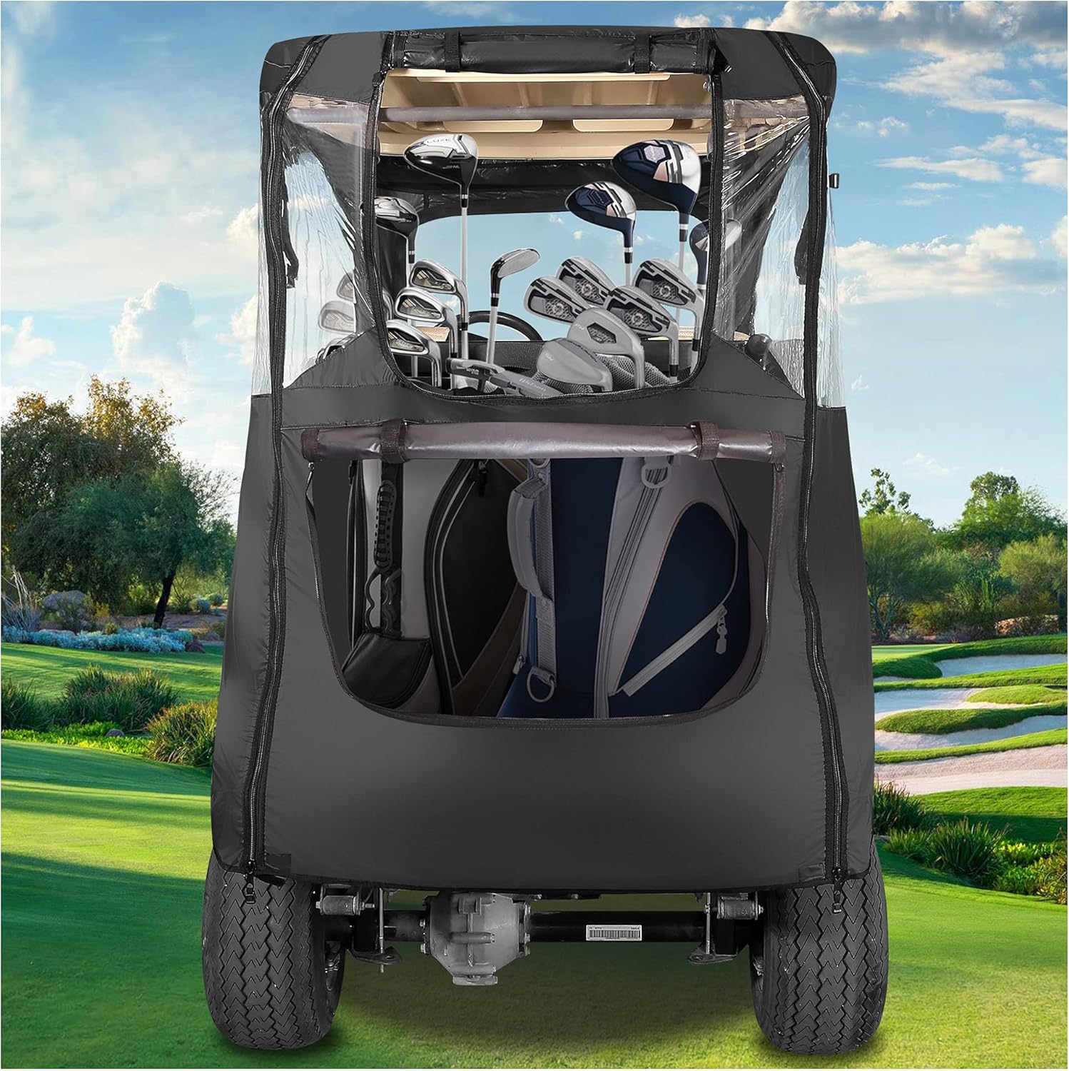 10L0L 800D Deluxe Golf Cart Enclosure 2 Passenger for Club Car Precedent, Onward & Tempo Golf Cart, 4 Sided Clear PVC Window with Security Side Mirror Openings and Zipper Entry Golf Cart Rain Cover