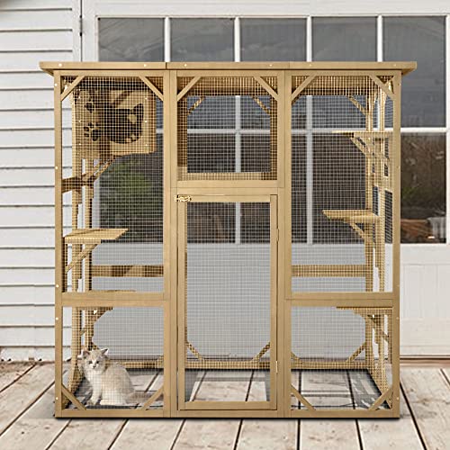 ROOMTEC 70 Inch Large Wooden Catio Outdoor & Indoor Cat Enclosure, Luxury Pet-House with Resting Box & 6 Jumping Platforms, Kitty Condo Shelter for Play, Weather Protection Asphalt Roof
