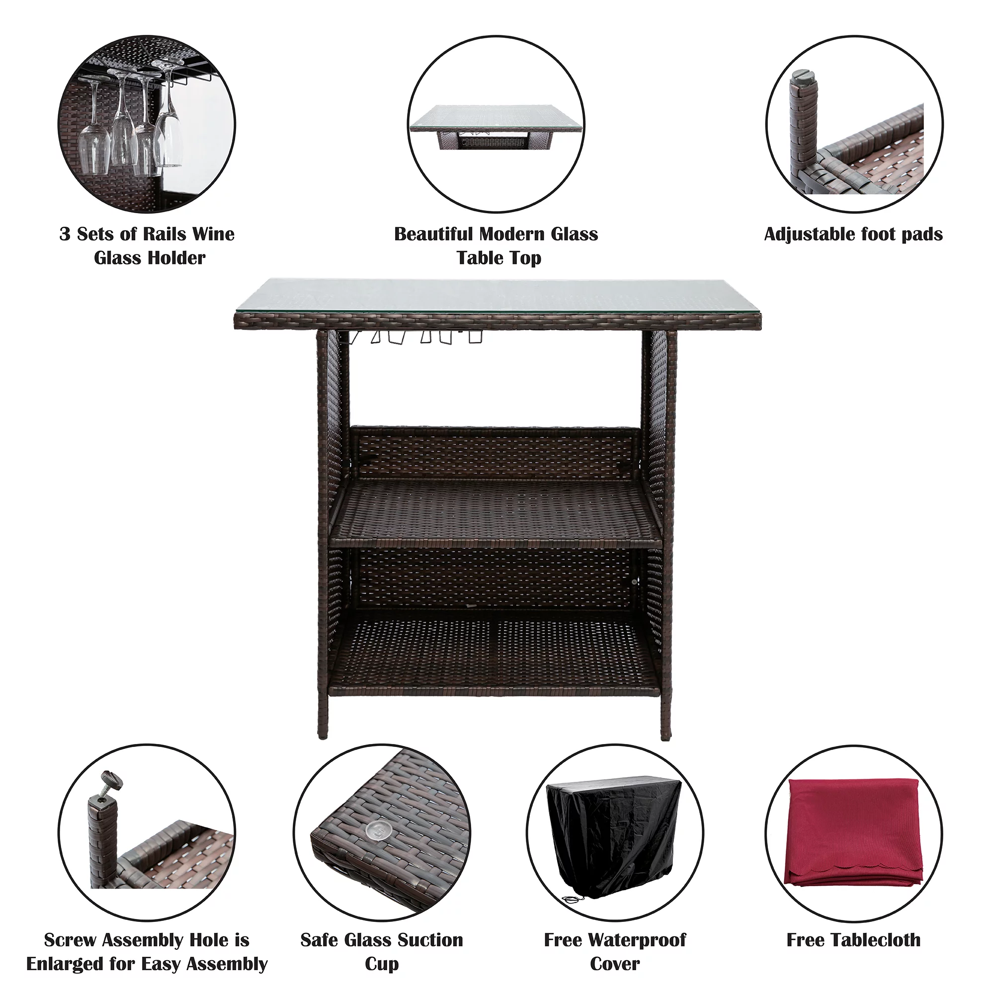 Outdoor Patio Rattan Wicker Bar Counter Table Tempered Glass Tabletop w/ Waterproof Cover,2 Steel Shelves,3 Sets of Rails