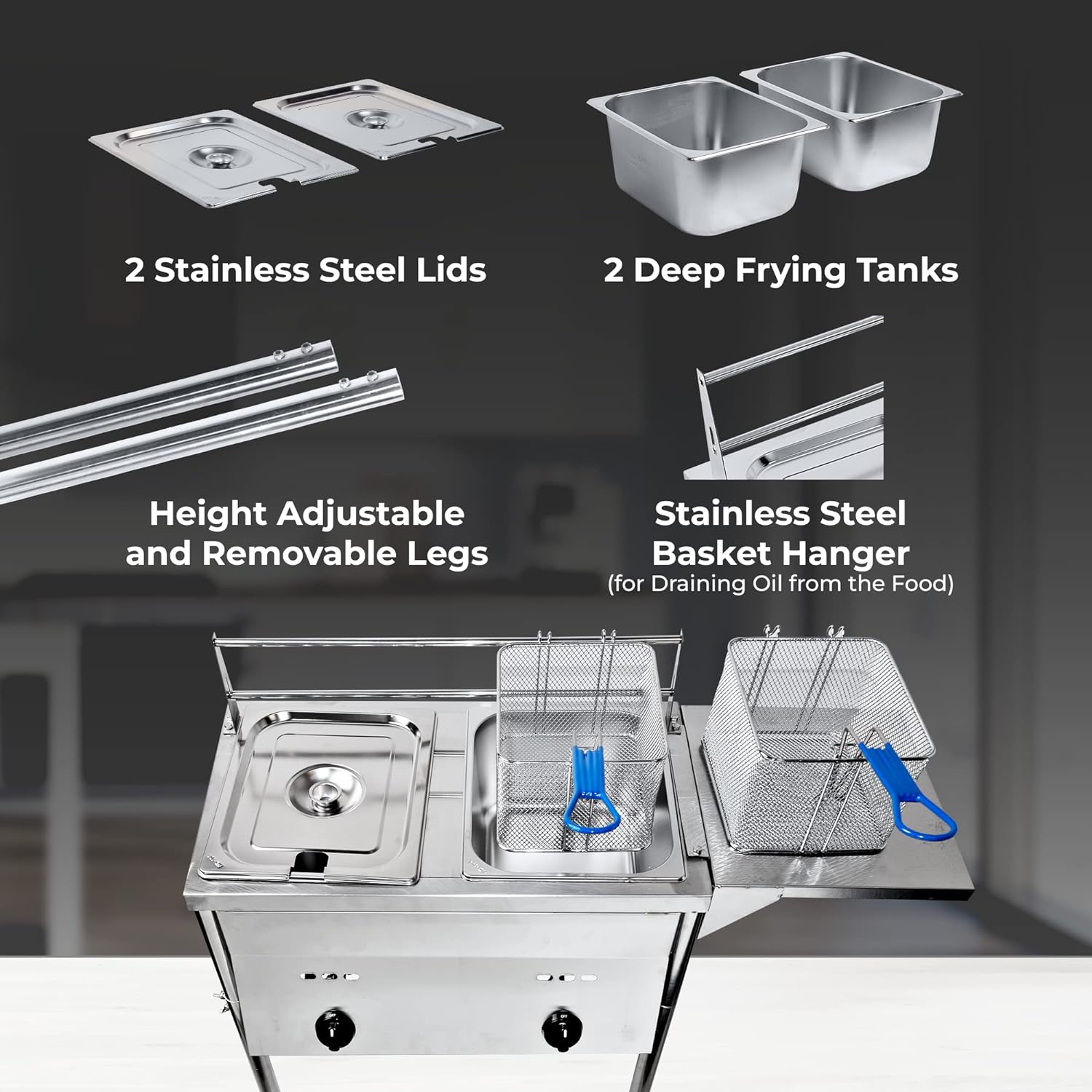 Silver Deep Fryer with Thermometer, Propane Deep Fryer with 2 Stainless Steel Baskets & Lids, Adjustable Temperature with Regulating Knobs