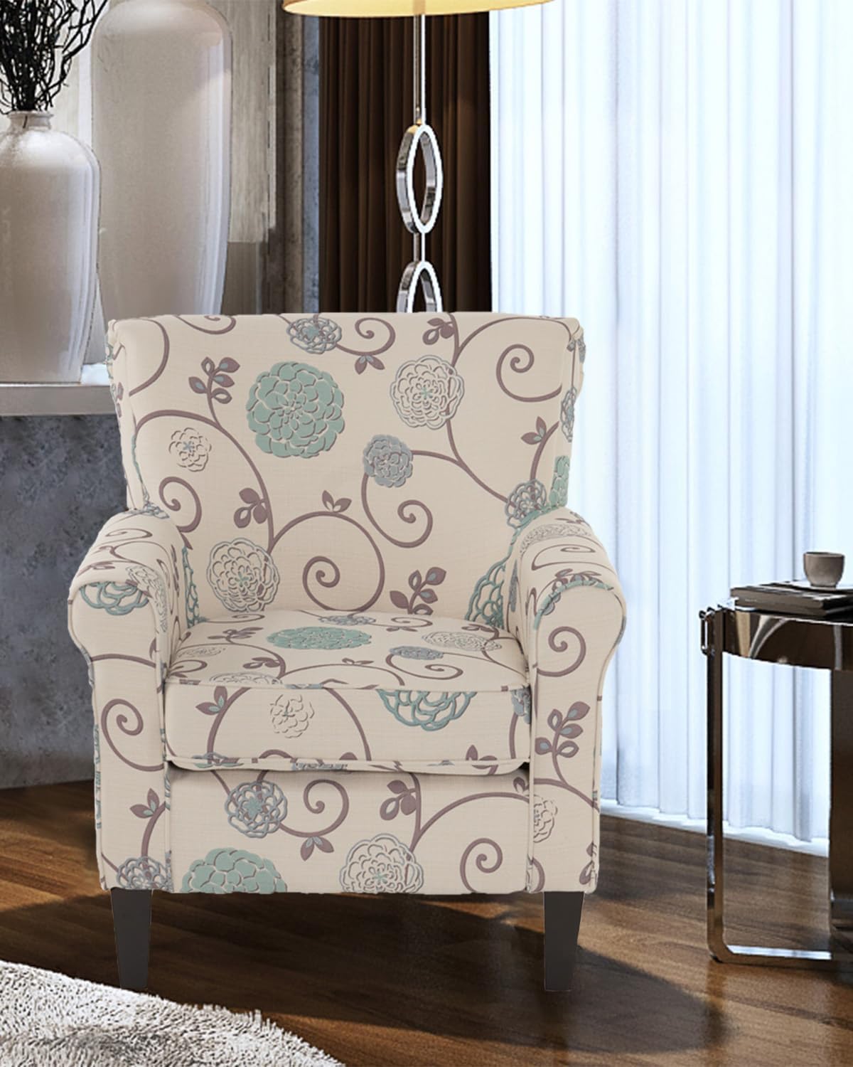 Millies Patterned Fabric Sofa, Modern Chic Couch,Living Room Armchair with Wooden Metal Legs for Bedroom Living Reading Room,White/Blue Crushed Floral Sofa