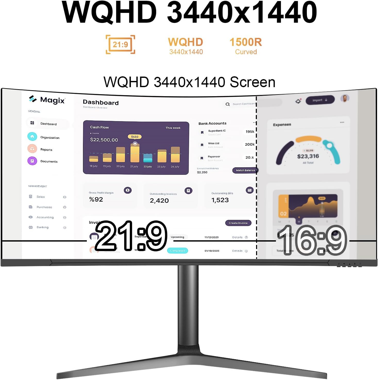 34" Curved WQHD 3440×1440 Gaming Monitor 165Hz, 1ms, 1500R, HDR 10, 100% sRGB PC Screen, AMD Free-Sync Premium/G-Sync Compatible, 2 x DispalyPort 1.4 & HDMI 2.0, Height/Tilt Adjustable Stand, Black