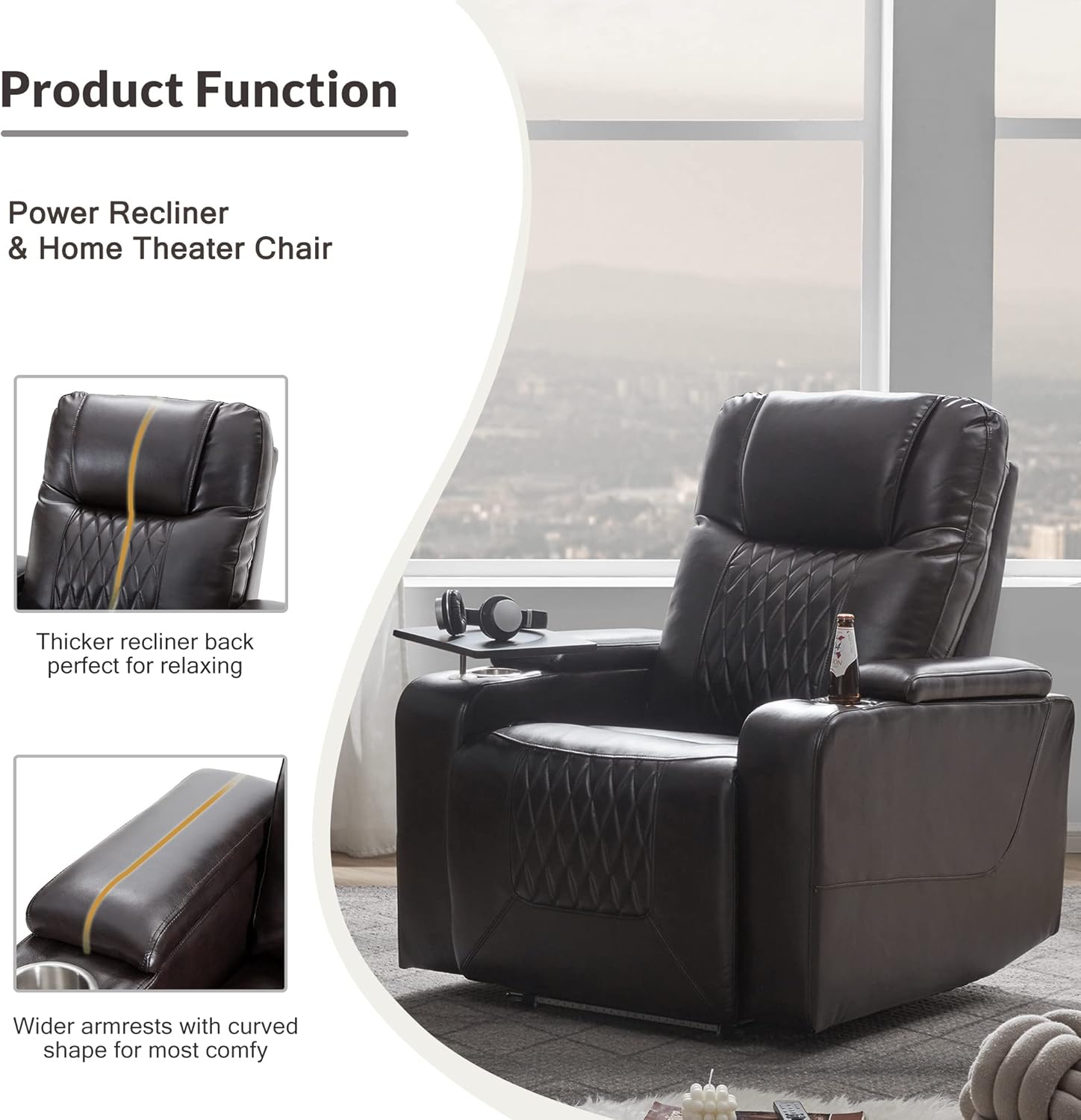 Power Recliner Chair with USB Port and Cup Holders, Home Theater Seating Reclining Chair Electric Recliners with Swivel Tray Table & Hidden Arm Storage for Living Room Bedroom
