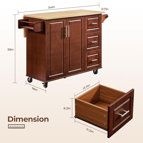 54" Large Kitchen Island Cart with Drop Leaf, Kitchen Island with Storage, Rolling Kitchen Island with Inside Cabinet, 3 Drawers, Spice Rack, Towel Rack and Wood Tabletop(Black)
