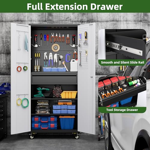 Aobabo 71" H×34" W×18" D Garage Metal Storage Cabinet with Wheels, Locking Steel Storage Cabinet with 5 Shelves and 4 Hooks, for Home Office, School, Assembly Required, Black Silver