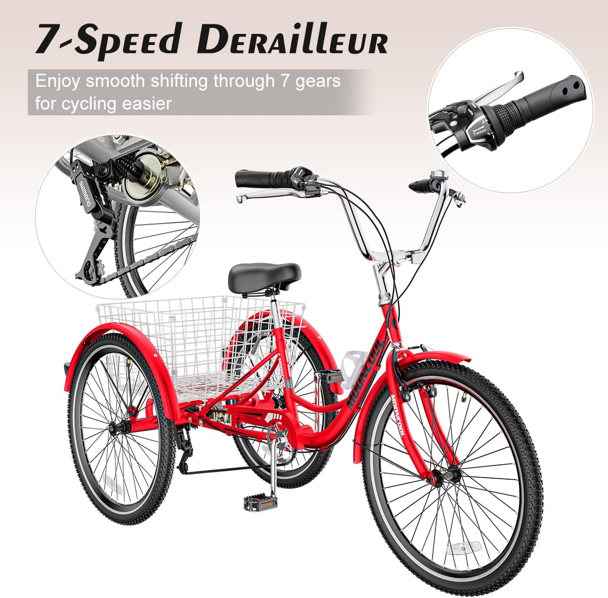 Adult Tricycle 7 Speed 3 Wheel Bike Adult Trikes, Three-Wheeled Bicycles Cruise Trike with Basket for Seniors, Women, Men for Recreation Shopping (26", Red)