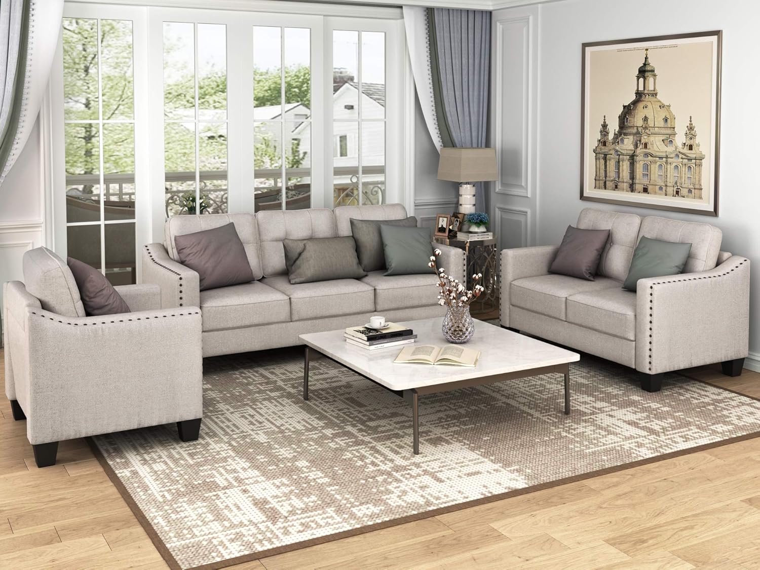 FANYE 3 Pieces Living Room Furniture Sets Include, Loveseat and Armchair, Linen Fabric Upholstered Sectional Classical Rivets Decor and Tufted Back Cushions, Sofa & Couch, 1, Beige 77.2" W
