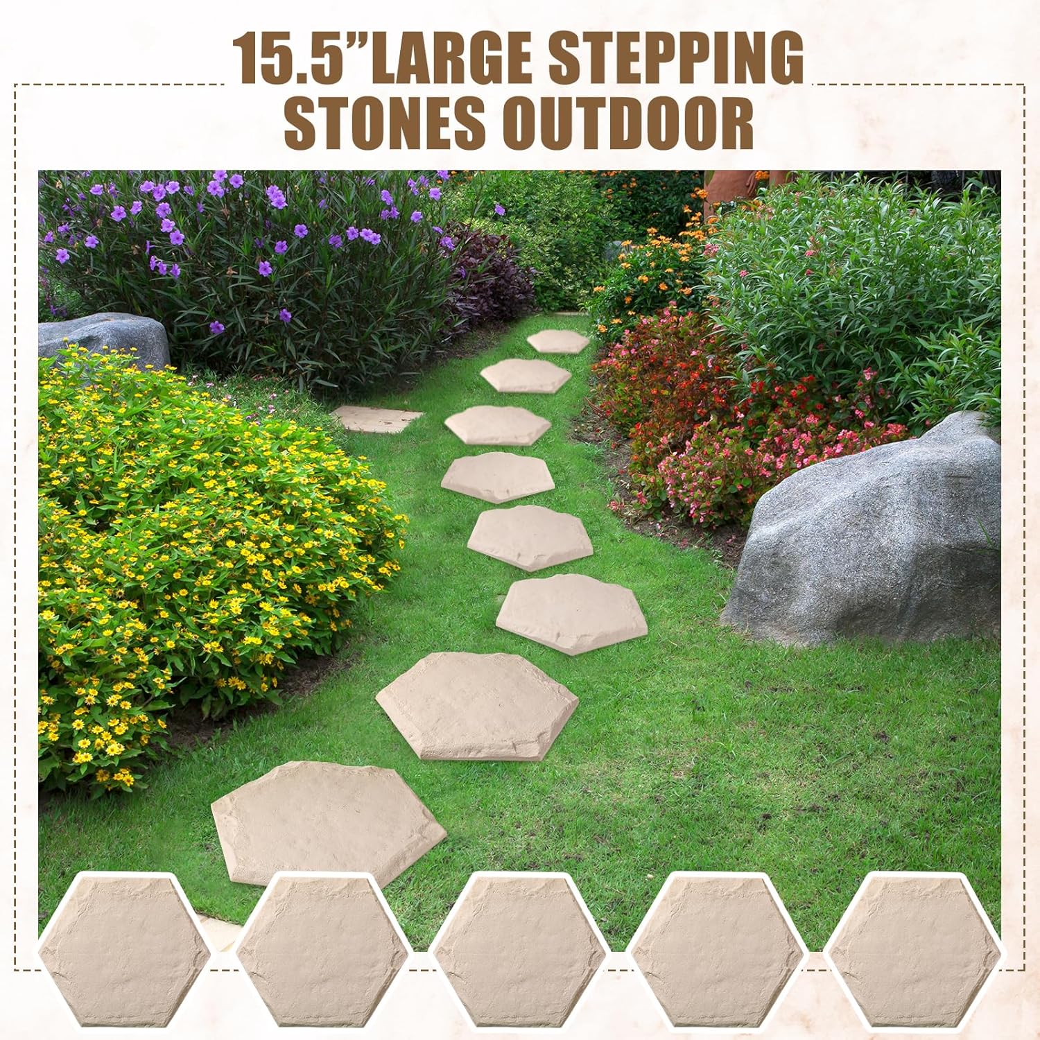 20 Packs 15.5 Inch Stepping Stones Outdoor with Ground Stakes Decorative Step Stones and Pavers Decorative Walkway for Outdoor Pathway Lawn Yard Garden Landscaping Resin Beige Limestone