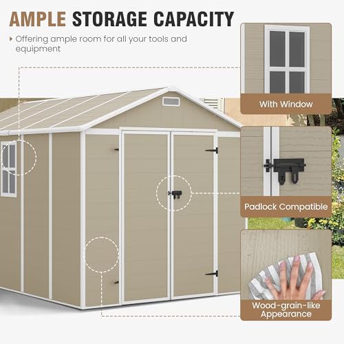 Outdoor Storage Shed, 6x6 FT Resin Shed with Floor and Lockable Door, Window, Vents, Tool Sheds and Outdoor Storage for Bike, Garden Accessories, Tools, Waterproof (Grey & White)