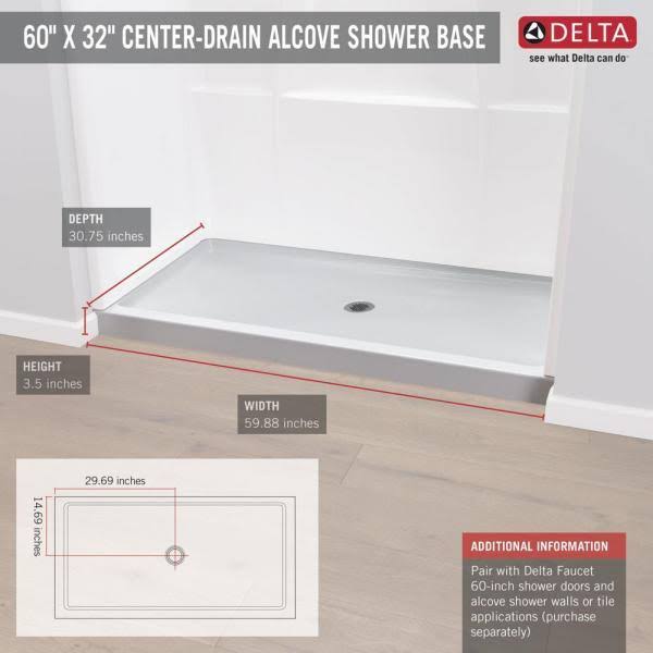 Delta Classic 400 32 in. x 60 in. Single Threshold Center Drain Alcove Shower Base in High Gloss White 40094C