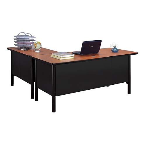 nbf signature series Stahl Double Pedestal L Shaped Desk with Center Drawer - 66" W x 72" D Gray Top/Black Steel Frame, Ergonomic Computer Office Corner Working PC Desk