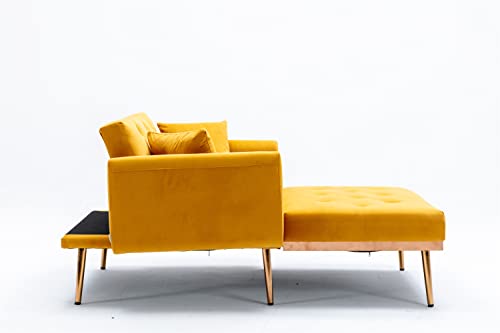 Modern Tufted Velvet Sofa 2 in 1 Chaise Lounge Chair Indoor with Adjustable Backrest and Two Pillows for Living Room Bedroom Office, Single Sofa Bed with Rose Golden Feet and Arms, Beige