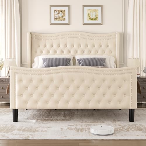 Queen Bed Frame, 52"" Headboard Upholstered Bed with Tall Footbaord, Velvet Upholstered Deep Button Tufted Wingback Platform Bed, No Box Spring Required/Wood Slat Support/Black