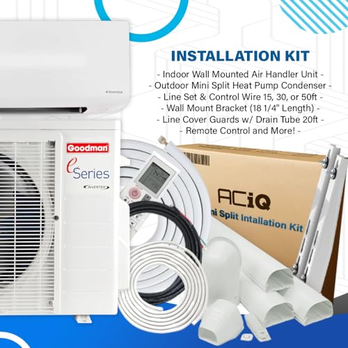 Goodman Mini Split Inverter Heat Pump E-Series | 230v, 18 SEER2, 0.75 to 1.50 Tons | 9,000 to 12,000 BTU Cooling and Heating | Ductless, Single Zone, Wall Mounted System, with ACiQ Installation Kits