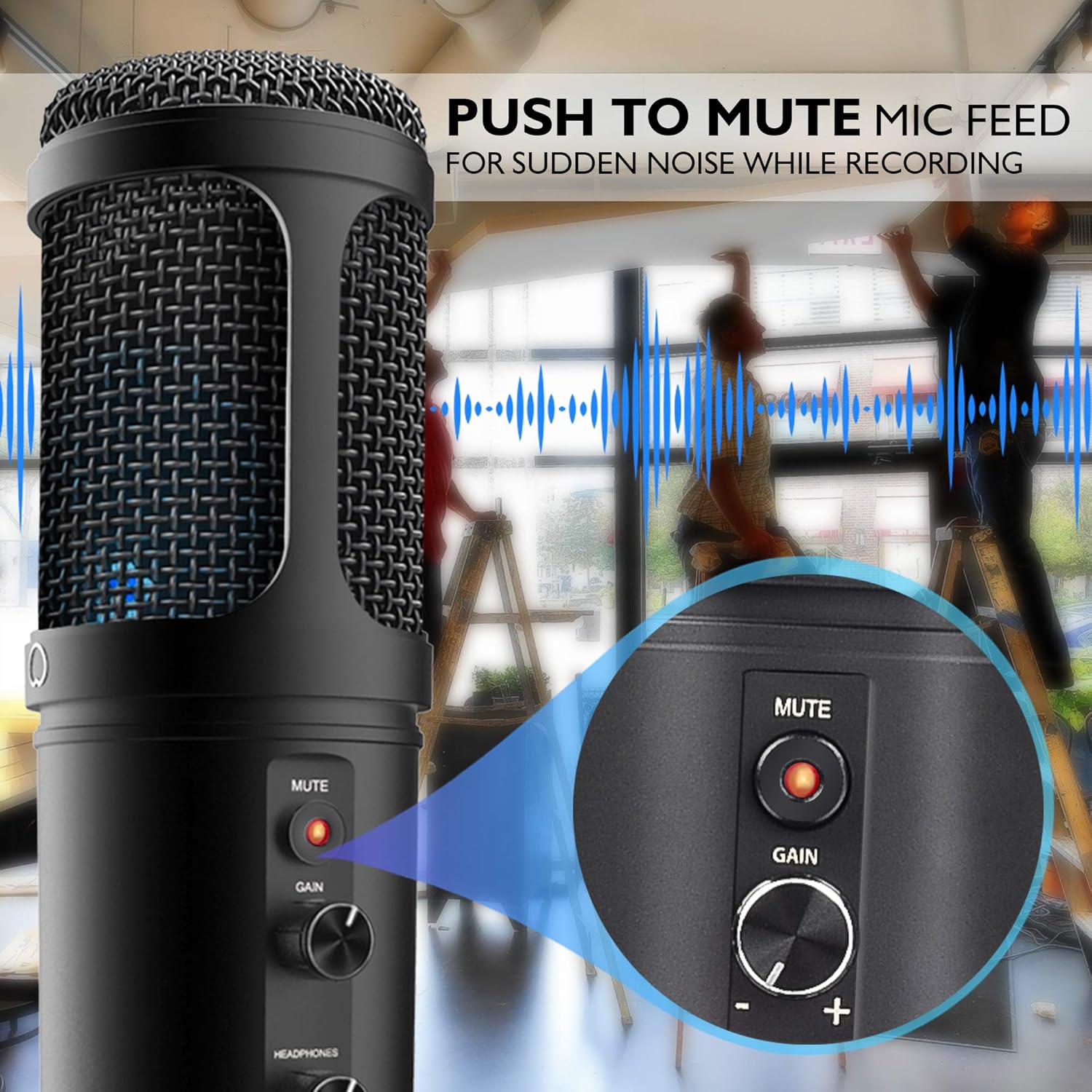USB PC Recording Condenser Microphone - Blue LED, Adjustable Gain, Headphone Jack, Mute Control, Tripod Stand - Portable Pro Audio Condenser Desk Mic for Podcast Streaming Gaming - Pyle PDMIUSB50 Pack of 2