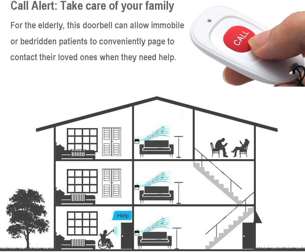 Caregiver Pager Wireless Life Alert Systems for Seniors IP55 Waterproof, Fall Alert Devices for Elderly, Panic Buttons with Necklace (3 Call Buttons + 3 Receivers)