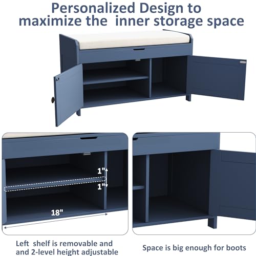 HOMEFORT Shoe Storage Bench with Lift Top Storage, Entryway Bench with Cushioned Seat,Wood Shoe Cabinet Bench,Bench for Bedroom End of Bed,Entry Hidden Shoe Bench for Mudroom,Hallway (Blue)