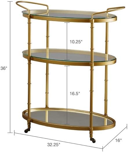 Antique Gold Bar Cart with Glass and Mirror Shelves – Vintage 1930s Inspired Rolling Beverage Serving Cart – 32.25Wx16Dx36H Inches – Low Profile Wheels – Assembly Required