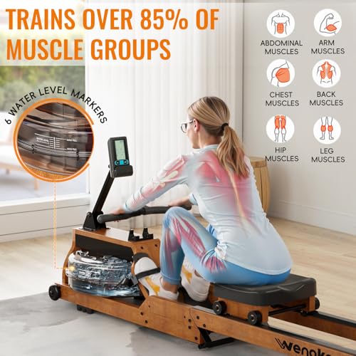Water Rowing Machine for Home Use, WENOKER Wooden Foldable Rower Machine with Adjustable Monitor & Bluetooth APP, Large Water Tank & Comfortable Seat for Immersive Water Rower, 350LBS Weight Capacity