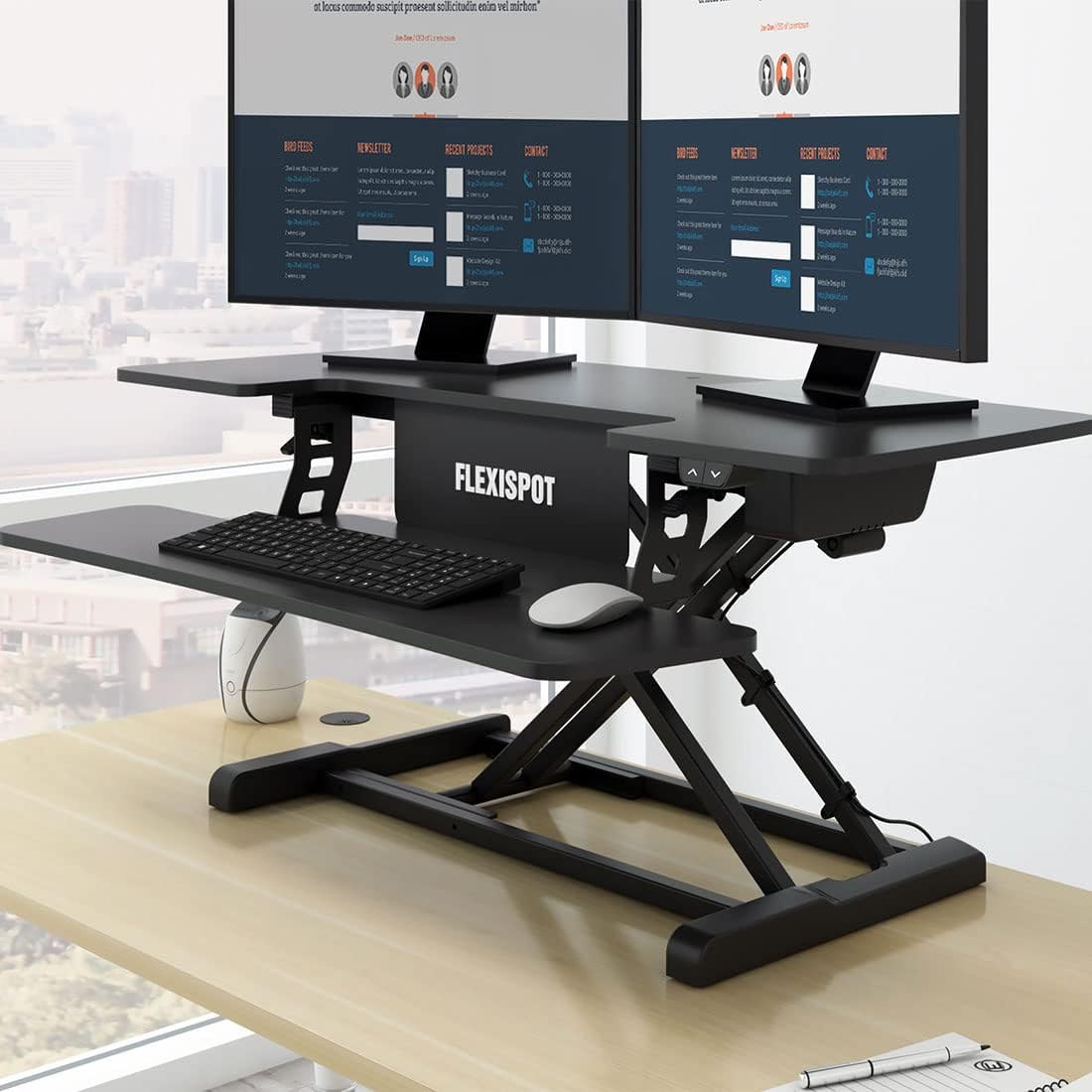 FlexiSpot Motorized Standing Desk Converter 36" Wide Electric Stand up Desk Riser for Monitor and Laptop,Black Height Adjustable Desk for Home Office EM7MB