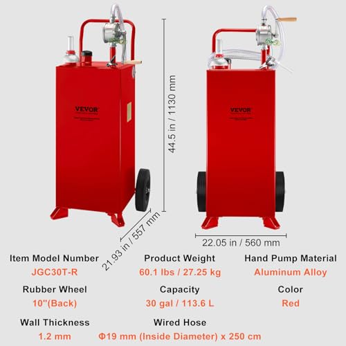 VEVOR Fuel Caddy 30 Gallon, Fuel Storage Tank with Wheels, Portable Gas Caddy with Manual Transfer Pump, Gasoline Diesel Fuel Container for Cars, Lawn Mowers, ATVs, Boats & More, Red