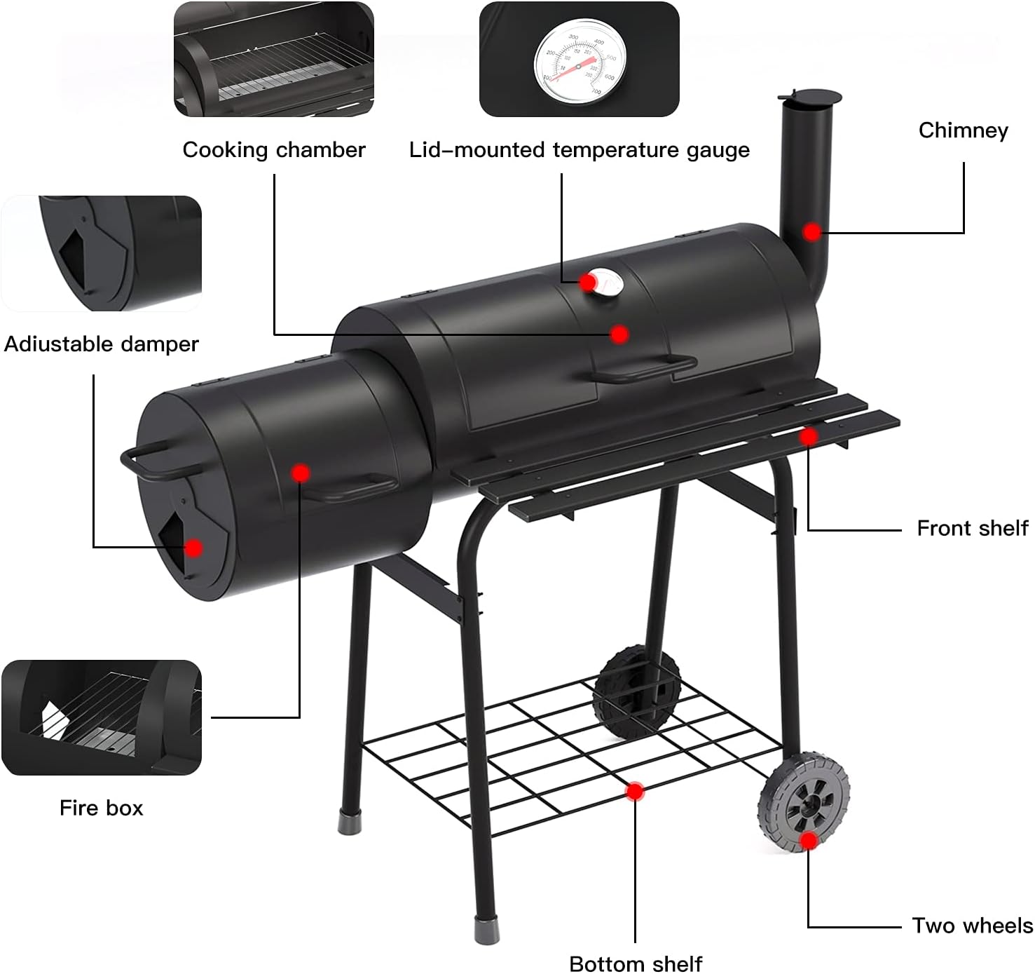 Panfrying Charcoal Grills Offset Smoker,Combo with Large Cooking Area,Black,for Outdoor Patio and Backyard BBQ Grill