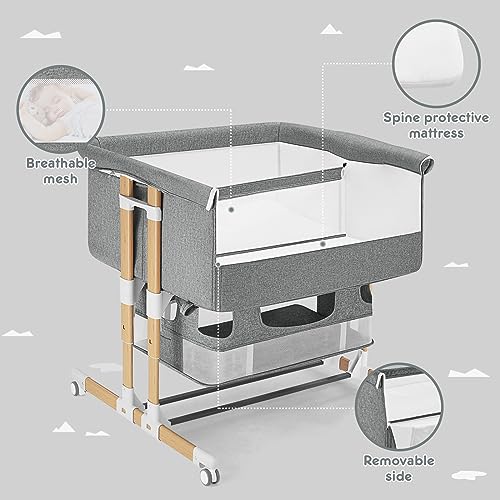 3 in 1 Baby Bassinet Bedside Sleeper, Five-Position Adjustable Bedside Crib with Storage for Newborns, Portable Bassinet with Anchor Strap (Wood Grain-Twins, Grey)