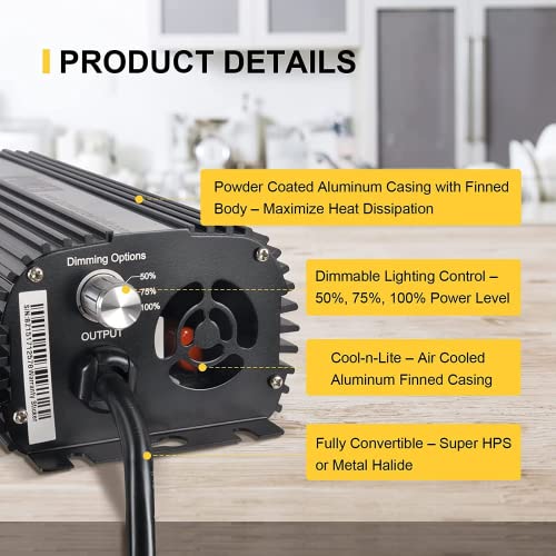 iPower 600 Watt HPS MH Digital Dimmable Grow Light System Kits Air Cooled Reflector Hood Set,White