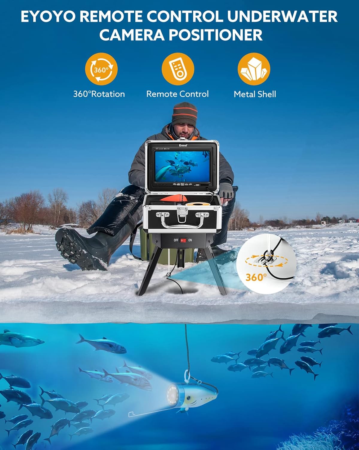 Eyoyo Underwater Fishing Camera Positioner 360° Degree Rotation Tripod for Ice Fishing w/ Remote Control Metal Housing, Applicable to Ice Holes Smaller Than 10 inch