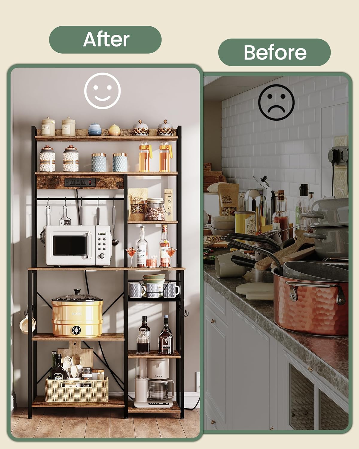 Kitchen Bakers Rack with Power Outlet, Microwave Stand with Multiple Shelves, Floor Standing Bakers Rack, Coffee Bar with Mesh Basket, for Kitchen, Dining Room, Rustic Brown and Black THB01UBF