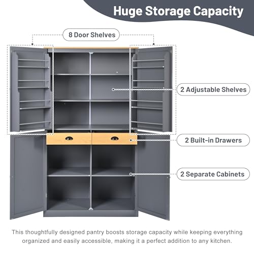 Farmhouse 77inch Kitchen Pantry, Freestanding Tall Cupboard Storage Cabinet with 3 Adjustable Shelves,8 Door Shelves and 3 Drawers,for Kitchen Dining Room (White@Pantry)