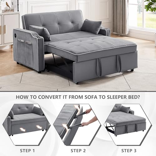 3 in 1 Convertible Sleeper Sofa Bed, Velvet Sofa Couch with Pull Out Bed, Modern Loveseat Sofa with Adjustable Backrest/Side Pockets/USB Charging/Cup Holders for Living Room Bedroom (Gray)