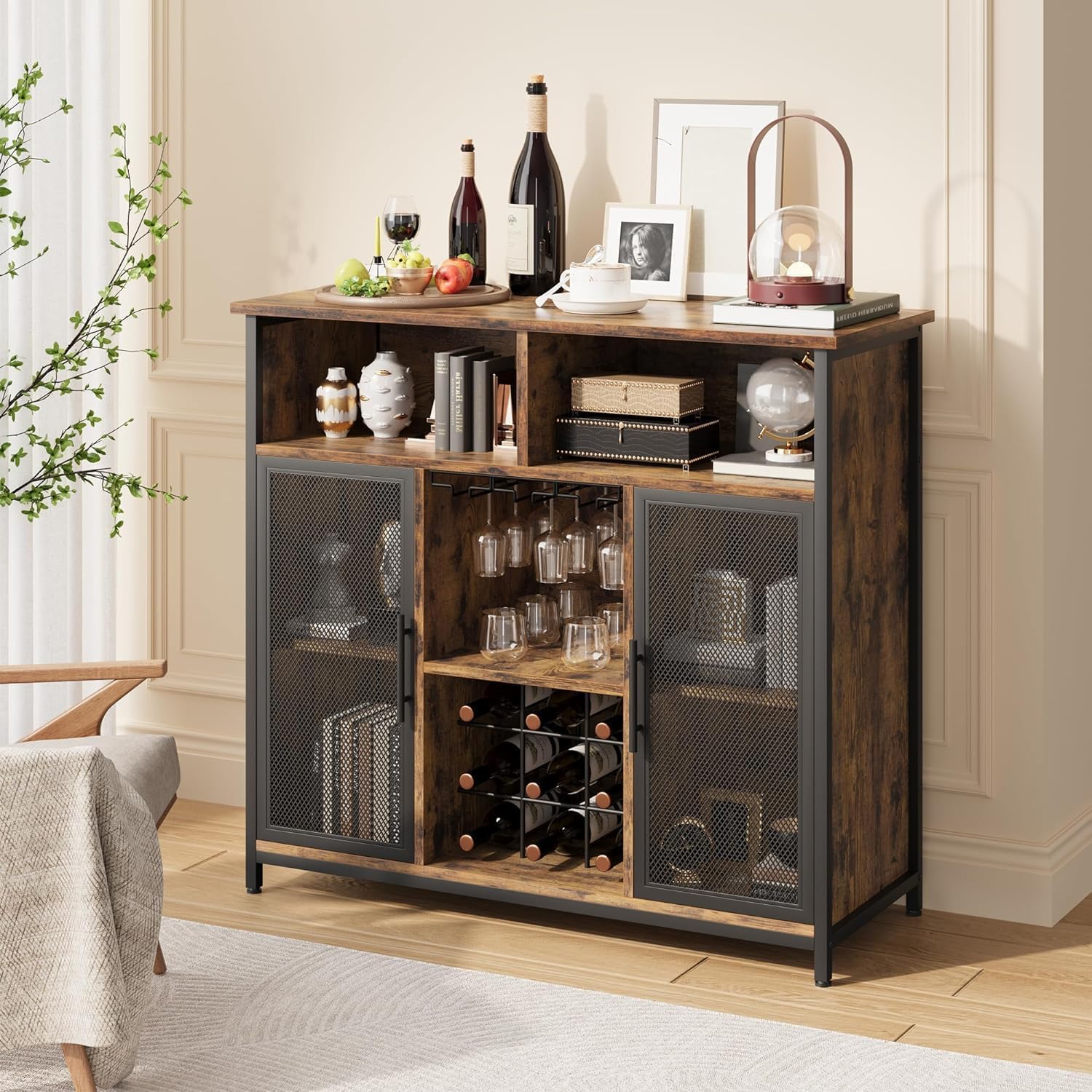 GAOMON Coffee Bar Cabinet, Industrial Buffet Storage Cabinet with Mesh Doors and Adjustable Shelves, Sideboard Buffet Table for Kitchen Living Dining Room, Rustic Brown
