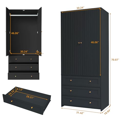 Wardrobe Closet Armoire, 71 "Wardrobe Armoire Wooden Closet with 3 Drawers, 2 Doors Household Freestanding Wooden Closet Storage Cabinet for Bedroom (Black)