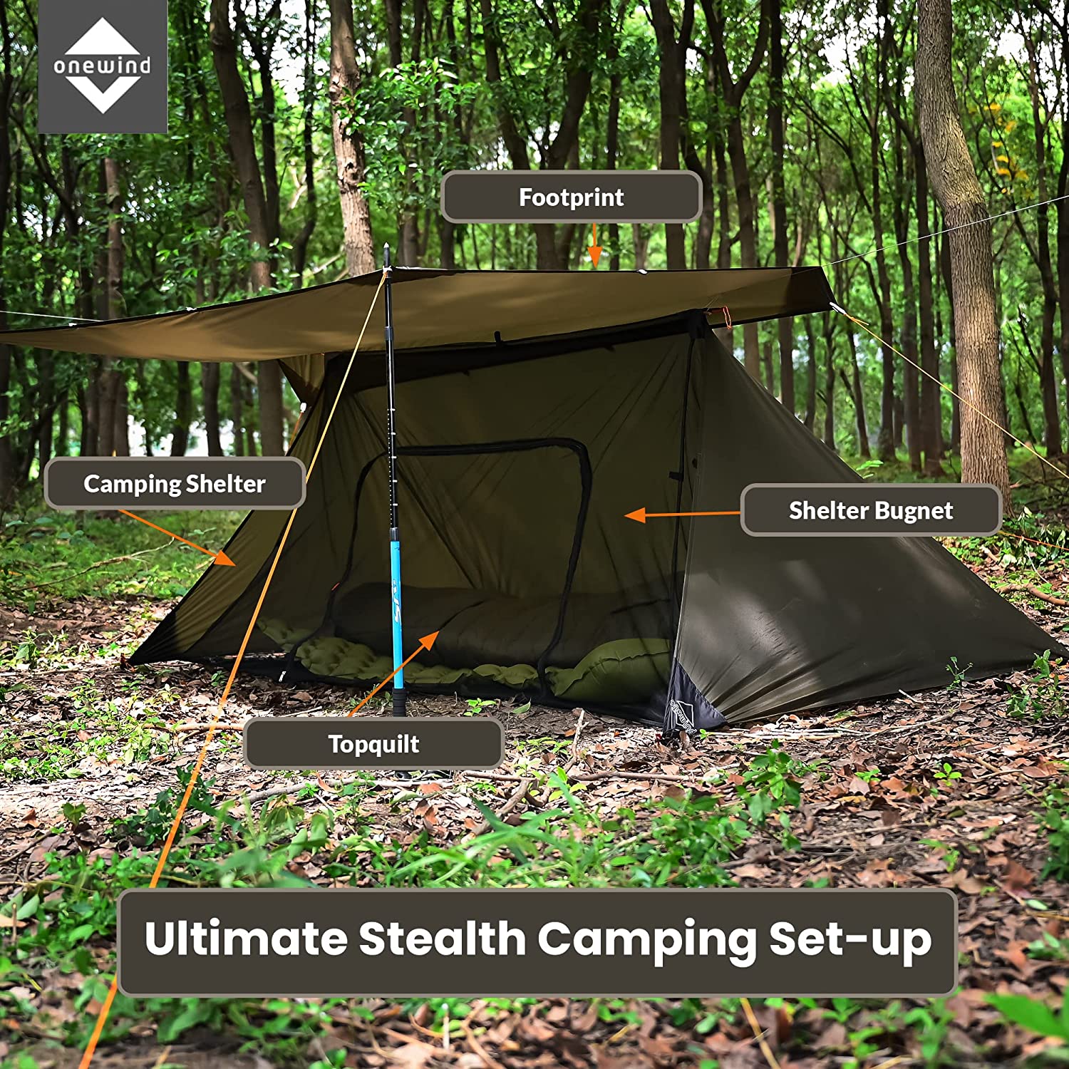 OUWI Shelter, Camping Tarp Set Include Emergency Shelter, BugNet and Tent Footprint, Ripstop Silnylon with Silicone PU Coating Survival Shelter Tent for Camping, Hiking, Backpacking