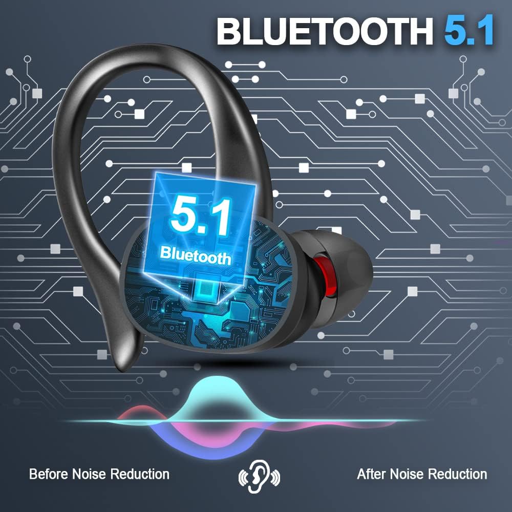Wireless Earbud, Bluetooth 5.1 Ear Buds Sport Headphones IP7 Waterproof 30H Playtime in Ear Earhooks Buds Deep Bass Stereo Sound CVC 8.0 Noise Cancelling Wireless Earphones for Running Workout Gym Pack of 2